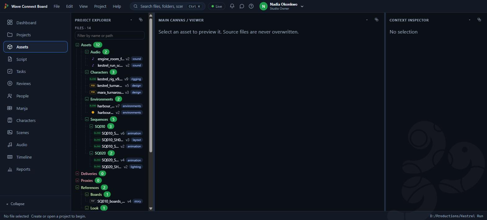 The project explorer: sequences, characters and environments in a folder tree, each file showing its current version number and the department it belongs to.
